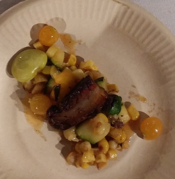 BACK FORTY WEST smoked pork with succotash, peaches & anise hyssop