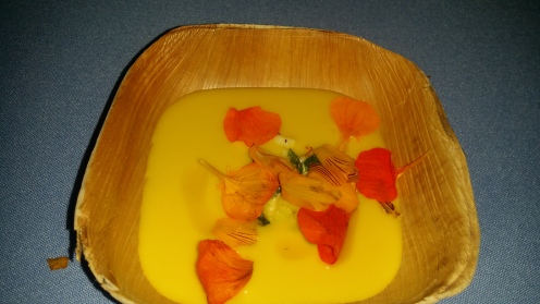 Coi Chilled spiced yellow squash soup lime nasturtium