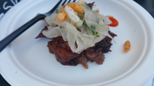 SHANNON SHAFFER korean bbq beef brisket with asian pear fennel slaw wasabi pearls and puff rice crackers
